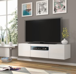 Szafka RTV Aura 150cm uniwersalna, wisząca lub stojąca, biały połysk - wisząca w aranżacji salonu