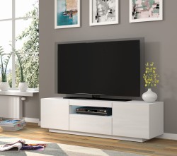 Szafka RTV Aura 150cm uniwersalna, wisząca lub stojąca, biały połysk - stojąca w salonie - aranżacja