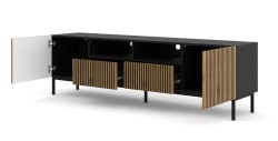 Szafka RTV Ravenna F 200cm 2D2S, frez MDF malowany z ramą, czarny mat / dąb artisan - nogi metalowe czarne - otwarta