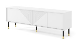 Szafka RTV Woody 4D 180cm, biały mat - nogi metalowe czarne ze złotymi zdobieniami