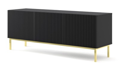Szafka RTV Ravenna B 150cm 3D, frez MDF folia z ramą, czarny mat - nogi metalowe złote