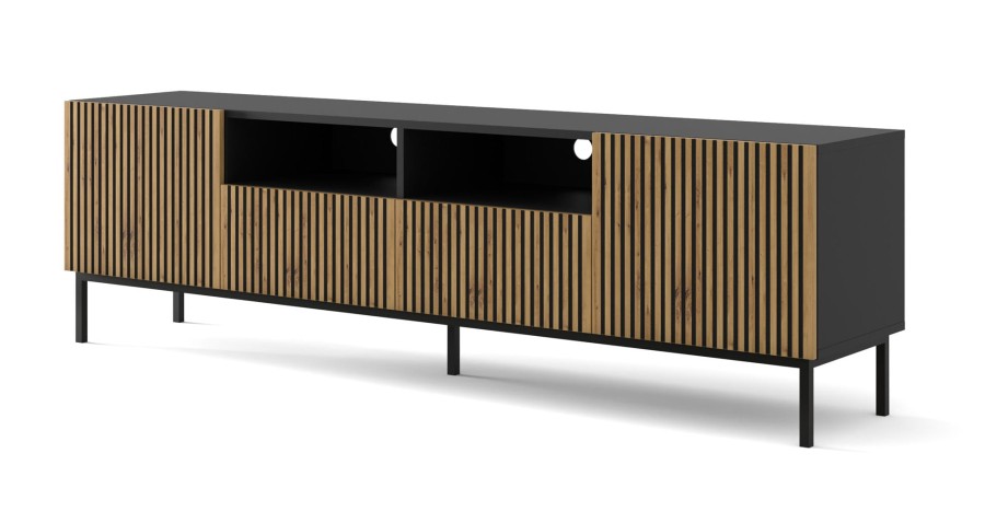 Szafka RTV Ravenna F 200cm 2D2S, frez MDF malowany z ramą, czarny mat / dąb artisan - nogi metalowe czarne