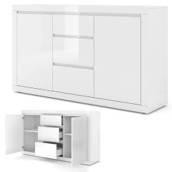 Komoda biała Bello Bianco III 150cm - mat / połysk - zamknięta i otwarta