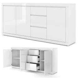 Komoda biała Bello Bianco IV 195cm - mat / połysk - zamknięta i otwarta
