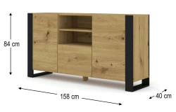 Komoda industrialna Mondi 158cm, dąb artisan - wymiary