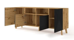 Komoda LUXI 4D 195cm, dąb artisan / czarny mat - otwarta