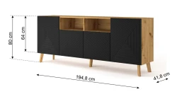 Komoda LUXI 4D 195cm, dąb artisan / czarny mat - wymiary