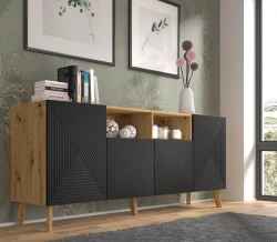 Komoda LUXI 4D 195cm, dąb artisan / czarny mat - w aranżacji