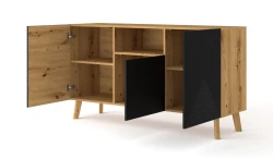 Komoda LUXI 3D 146cm, dąb artisan / czarny mat - otwarta