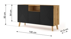 Komoda LUXI 3D 146cm, dąb artisan / czarny mat - wymiary