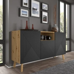 Komoda LUXI 3D 146cm, dąb artisan / czarny mat - komoda przedstawiona w salonie