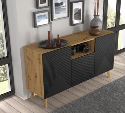 Komoda LUXI 3D 146cm, dąb artisan / czarny mat - komoda przy ścianie