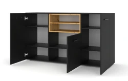 Komoda nowoczesna czarny mat Anette L 151cm, wstawka dąb artisan - otwarta