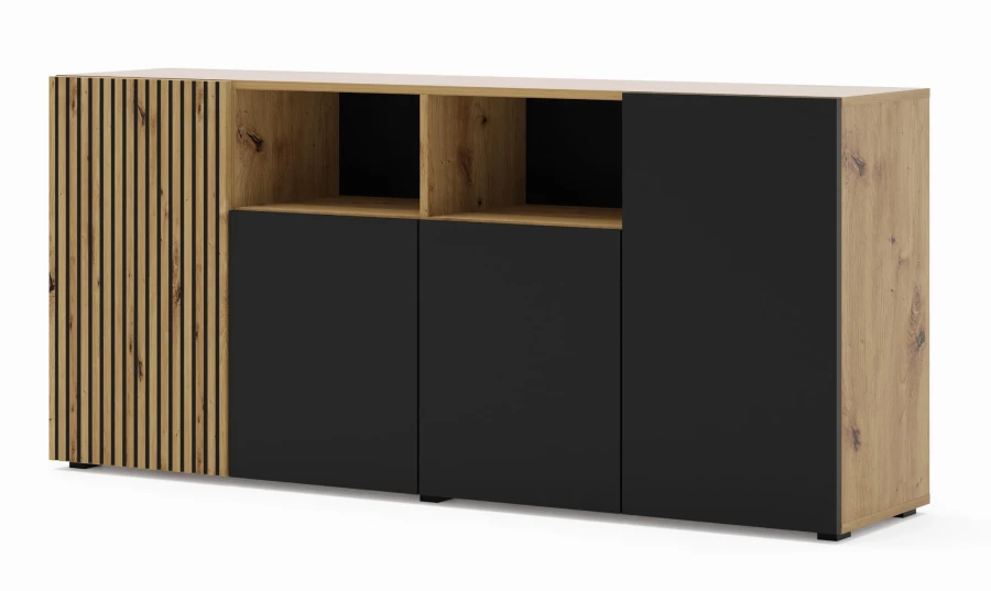 Komoda Auris 4D 180cm, dąb artisan / czarny mat