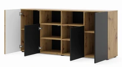 Komoda Auris 4D 180cm, dąb artisan / czarny mat - otwarta