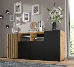 Komoda Auris 4D 180cm, dąb artisan / czarny mat - komoda przy ścianie