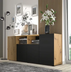 Komoda Auris 4D 180cm, dąb artisan / czarny mat - komoda w salonie