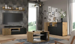 Komoda Auris 4D 180cm, dąb artisan / czarny mat - komoda w aranżacji