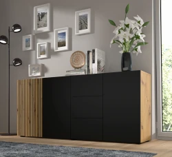 Komoda Auris 3D3S 180cm, dąb artisan / czarny mat - komoda przy ścianie w salonie