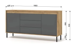 Komoda NESTA 166cm, dąb craft złoty / bazalt - wymiary