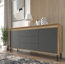 Komoda NESTA 166cm, dąb craft złoty / bazalt - komoda przy ścianie