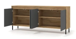 Komoda NESTA 192cm, dąb craft złoty / bazalt - otwarta