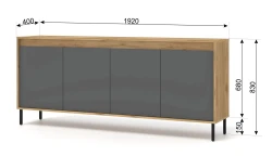 Komoda NESTA 192cm, dąb craft złoty / bazalt - wymiary