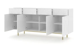 Komoda designerska Kairo 180cm 4D4S biała, nogi metalowe złote - komoda po otwarciu drzwi i szuflad