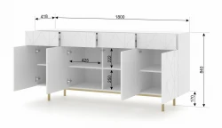 Komoda designerska Kairo 180cm 4D4S biała, nogi metalowe złote - wymiary komody