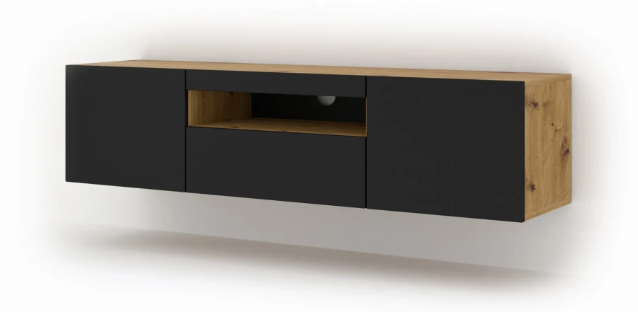 Szafka RTV Aura 150cm uniwersalna, wisząca lub stojąca, dąb artisan / czarny mat - wisząca