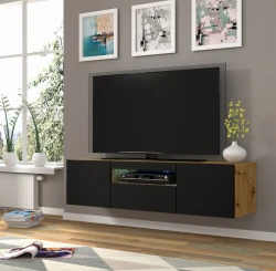Szafka RTV Aura 150cm uniwersalna, wisząca lub stojąca, dąb artisan / czarny mat - wisząca w aranżacji