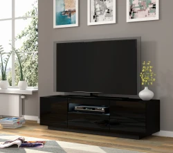 Szafka RTV Aura 150cm uniwersalna, wisząca lub stojąca, czarny połysk - stojąca w salonie