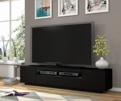 Szafka RTV Aura 200cm uniwersalna, wisząca lub stojąca, czarny mat - stojąca w salonie - aranżacja