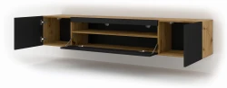 Szafka RTV Aura 200cm uniwersalna, wisząca lub stojąca, dąb artisan / czarny mat - wisząca otwarta