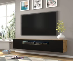 Szafka RTV Aura 200cm uniwersalna, wisząca lub stojąca, dąb artisan / czarny mat - wisząca w aranżacji salonu