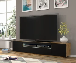 Szafka RTV Aura 200cm uniwersalna, wisząca lub stojąca, dąb artisan / czarny mat - stojąca w salonie