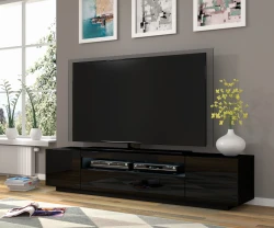 Szafka RTV Aura 200cm uniwersalna, wisząca lub stojąca, czarny połysk - stojąca w salonie