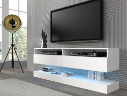 Szafka RTV nowoczesna DUO 160cm wisząca + panel biały mat - LED - w aranżacji salonu