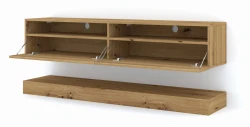 Szafka RTV nowoczesna DUO 160cm wisząca + panel dąb artisan - LED - otwarta