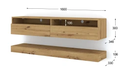 Szafka RTV nowoczesna DUO 160cm wisząca + panel dąb artisan - LED - wymiary