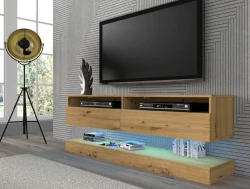 Szafka RTV nowoczesna DUO 160cm wisząca + panel dąb artisan - LED - w salonie - aranżacja