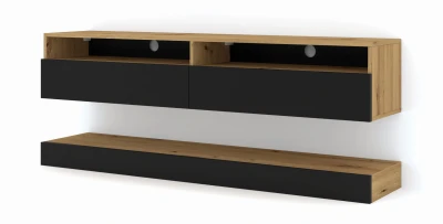 Szafka RTV nowoczesna DUO 160cm wisząca + panel dąb artisan / czarny mat - LED
