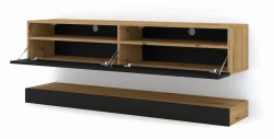 Szafka RTV nowoczesna DUO 160cm wisząca + panel dąb artisan / czarny mat - LED - otwarta