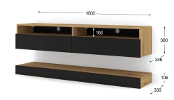 Szafka RTV nowoczesna DUO 160cm wisząca + panel dąb artisan / czarny mat - LED - wymiary
