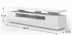 Szafka RTV nowoczesna Eva 195cm, biały mat / biały połysk - wymiary