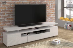Szafka RTV nowoczesna Eva 195cm, biały mat / biały połysk - w aranżacji salonu