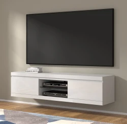 Szafka RTV NET 180cm uniwersalna, wisząca lub stojąca, biały mat / biały połysk - w salonie