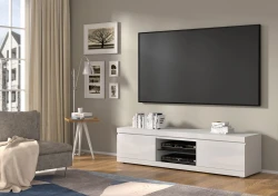 Szafka RTV NET 180cm uniwersalna, wisząca lub stojąca, biały mat / biały połysk - stojąca w salonie