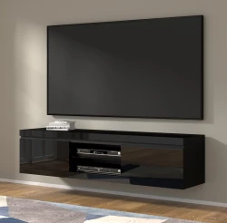 Szafka RTV NET 180cm uniwersalna, wisząca lub stojąca, czarny mat / czarny połysk - wisząca w salonie