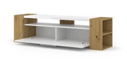 Szafka RTV funkcjonalna LIVIA 160cm, artisan / biały połysk - otwarta